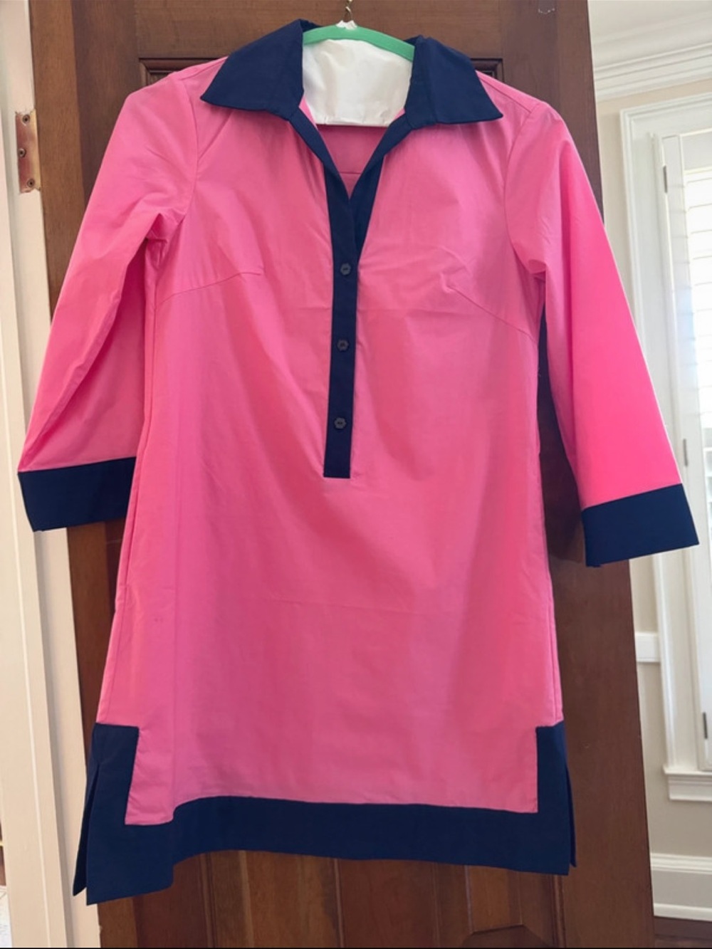 Contrast-Trim Pink Midi Tunic Dress